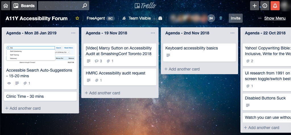 Our accessibility forum Trello board