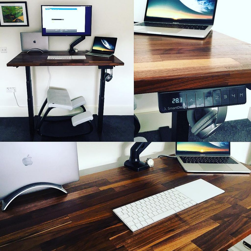 Three images of Matt's home desk setup, including a standing desk.