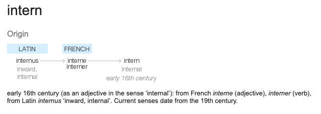 early 16th century (as an adjective in the sense ‘internal’): from French interne (adjective), interner (verb), from Latin internus ‘inward, internal’. Current senses date from the 19th century.