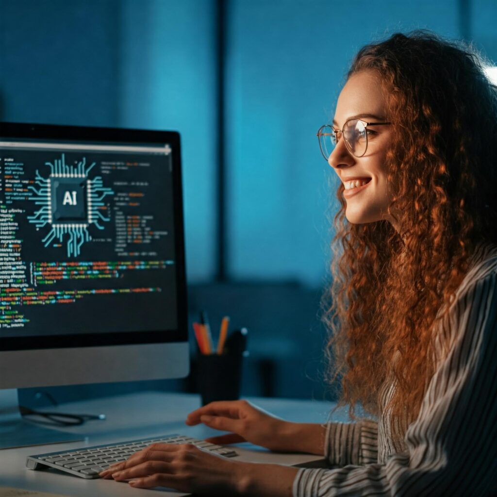 Female developer happilly using AI tooling at work