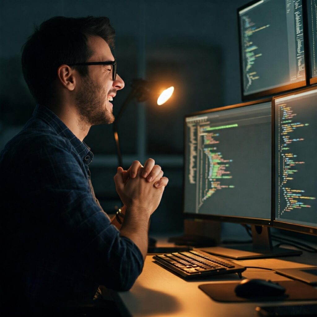 Picture of developer in front of monitors looking euphorically happy