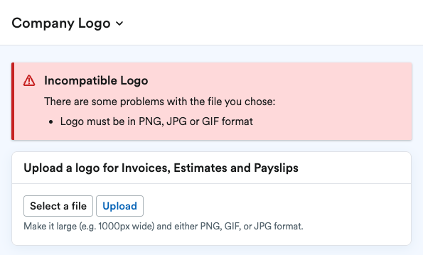 Screenshot showing a form for a user to select a logo for their company. A red section indicates problems with the submitted logo.