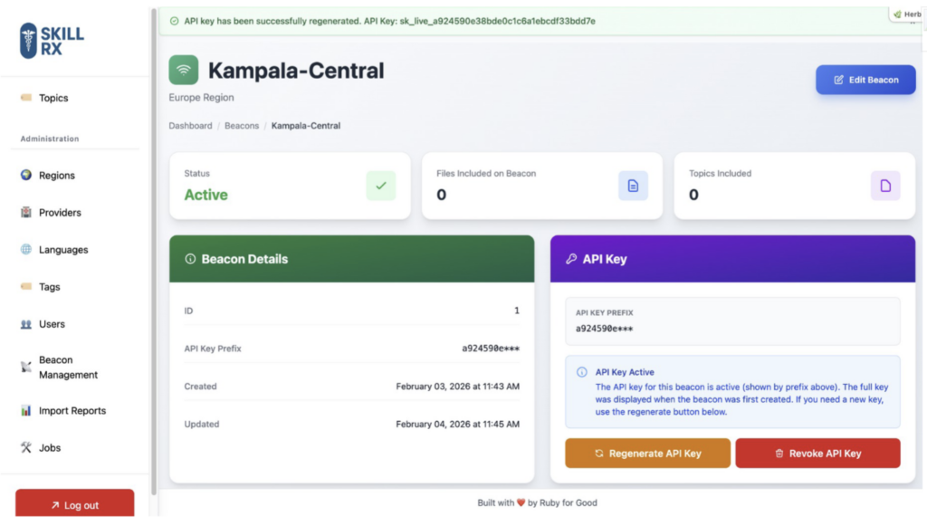 The show page for a dummy beacon – with options for its token and general configuration